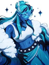 Rule 34 | 1girl, black gloves, black hair, blue hair, blue sclera, blue skin, breasts, cleavage, colored sclera, colored skin, commentary, earrings, gloves, grey hair, hair bun, hands on own hips, highres, horns, jewelry, large breasts, long hair, midriff, multicolored hair, navel, original, parted lips, plna, pointy ears, see-through, see-through shirt, single hair bun, smile, solo, sparkle, spikes, sports bra, sunglasses, very long hair, white eyes, white sports bra