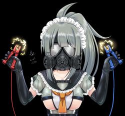 Rule 34 | 1girl, alternate costume, black gloves, breasts, elbow gloves, electricity, electrodes, enmaided, gas mask, gloves, green hair, holding, kantai collection, large breasts, long hair, maid, maid headdress, mask, neckerchief, orange neckerchief, ponytail, rubber gloves, solo, tk8d32, upper body, yuubari (kancolle)