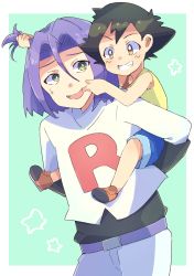 Rule 34 | 2boys, 51487, absurdres, ash ketchum, blue hair, carrying, creatures (company), embarrassed, game freak, green eyes, highres, hug, hug from behind, james (pokemon), male focus, multiple boys, nintendo, piggyback, pokemon, pokemon (anime), pokemon (creature), team rocket, time paradox, aged down