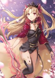 Rule 34 | 1girl, :o, aura, black leotard, black thighhighs, blonde hair, blush, boots, breasts, cape, detached collar, detached sleeves, earrings, ereshkigal (fate), fate/grand order, fate (series), glint, hair ribbon, high heel boots, high heels, holding, holding weapon, hsiao, jewelry, leg up, leotard, long hair, long sleeves, looking at viewer, looking to the side, motion blur, night, night sky, open mouth, outdoors, parted bangs, petals, red cape, red eyes, red ribbon, ribbon, single detached sleeve, single thighhigh, skull, sky, small breasts, solo, standing, standing on one leg, tareme, thighhighs, thighs, tiara, tohsaka rin, two side up, v, very long hair, weapon