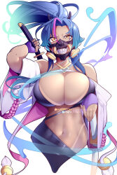 Rule 34 | 1girl, blue hair, breasts, bridal gauntlets, cleavage, commentary, dark-skinned female, dark skin, english commentary, highres, holding, holding sword, holding weapon, hot vr, katana, large breasts, long hair, mask, mouth mask, multicolored hair, navel, original, patreon username, pink hair, ponytail, simple background, solo, stomach, streaked hair, sword, tan, tanline, upper body, weapon, white background, wide sleeves, yellow eyes, zoey (kurozoku)