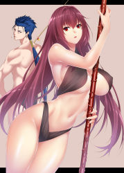 Rule 34 | 1boy, 1girl, bare arms, bare shoulders, bikini, black bikini, black male swimwear, black swim briefs, blue hair, breasts, cigarette, cleavage, covered erect nipples, cowboy shot, cu chulainn (fate), cu chulainn (fate/stay night), earrings, eyelashes, fate/grand order, fate (series), fingernails, fishing rod, from behind, gae bolg (fate), groin, hair between eyes, hair intakes, hair tie, hand up, highleg, highleg bikini, highres, holding, holding polearm, holding spear, holding weapon, jewelry, large breasts, legs together, long hair, looking at viewer, looking back, low ponytail, male swimwear, midriff, mouth hold, navel, parted lips, pink lips, polearm, purple eyes, purple hair, scathach (fate), shiny skin, spear, standing, stomach, swim briefs, swimsuit, topless male, underboob, very long hair, weapon, zucchini