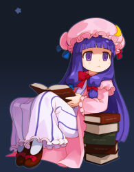 Rule 34 | 1girl, :&lt;, bad id, bad pixiv id, blue background, blunt bangs, book, crescent moon, female focus, full body, gradient background, hair ribbon, hat, long hair, moon, open book, patchouli knowledge, purple eyes, purple hair, ran system, reading, ribbon, shoes, simple background, solo, star (symbol), touhou