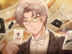 Rule 34 | 1boy, artist name, black jacket, bow, bowtie, card, closed mouth, collared shirt, formal, glasses, highres, holding, holding card, indoors, jacket, looking at viewer, mole, mole under eye, nirvelia, playing card, shirt, short hair, smile, solo, tears of themis, upper body, vyn richter (tears of themis), white bow, white bowtie, white hair, white shirt, yellow eyes