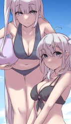 Rule 34 | 2girls, ball, bikini, black bikini, breasts, cleavage, closed mouth, cloud, fuyutsuki (kancolle), grey eyes, grey hair, hair between eyes, highres, holding, holding ball, kantai collection, kiritto, large breasts, long hair, looking at viewer, medium breasts, multiple girls, one side up, sky, smile, suzutsuki (kancolle), swimsuit, unfinished, very long hair