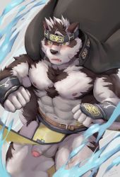 Rule 34 | 1boy, abs, ainu clothes, animal ears, bara, blush, bulge, chest hair, clothes lift, flaccid, foreskin, furry, furry male, grey fur, grey hair, headband, highres, horkeu kamui, jacket, jacket on shoulders, large pectorals, male focus, multicolored hair, muscular, muscular male, navel, navel hair, nipples, no male underwear, no shirt, pectorals, pelvic curtain, pelvic curtain lift, penis, penis peek, short hair, solo, stomach, taki kaze, testicle peek, thick thighs, thighs, tokyo houkago summoners, topless male, two-tone fur, two-tone hair, uncensored, white fur, wolf boy, wolf ears, yellow eyes