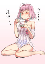 Rule 34 | 1girl, ahoge, barefoot, blue hair, blush, breasts, chopsticks, closed eyes, closed mouth, collar, commentary request, eating, full body, gradient background, idolmaster, idolmaster cinderella girls, legs, medium breasts, multicolored hair, off shoulder, pink background, pink hair, shirt, short hair, short sleeves, shoukichi (shony), sitting, solo, t-shirt, two-tone hair, wariza, white background, yumemi riamu