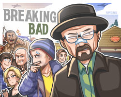 Rule 34 | 1girl, 6+boys, animification, artist name, bald, beanie, beard, black headwear, blonde hair, blue jacket, breaking bad, brown hair, brown shirt, building, character request, cigarette, collared shirt, copyright name, facial hair, food, glasses, green shirt, hat, highres, jacket, jesse pinkman, jewelry, medium hair, multiple boys, necklace, open mouth, outline, parted lips, pizza, profile, ring, sagas293, saul goodman, shadow, shirt, short hair, skyler white, smile, upper body, walter white, walter white jr, white outline, yellow shirt