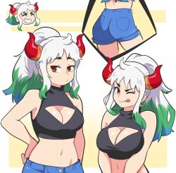 Rule 34 | 1girl, ;), ;p, ass, bare arms, blue hair, blue shorts, breasts, cleavage, cleavage cutout, closed eyes, closed mouth, clothing cutout, dashi (dashiart), earrings, green hair, grin, hand on own hip, highres, horns, jewelry, large breasts, long hair, looking at viewer, midriff, multicolored hair, multiple views, navel, one eye closed, one piece, orange eyes, ponytail, red horns, shorts, sidelocks, smile, tongue, tongue out, white hair, yamato (one piece)