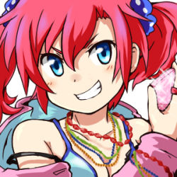 Rule 34 | 1girl, blue eyes, digimon, digimon story: cyber sleuth, looking at viewer, lowres, red hair, shiramine nokia, simple background, smile, solo, white background