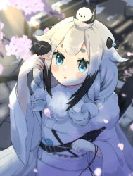 Rule 34 | 1girl, :o, alchemy stars, animal, animal on head, bird, bird on head, bird tail, black hair, blue eyes, blurry, blurry background, blush stickers, bow, braid, cherry blossoms, fur-trimmed kimono, fur trim, hair bow, hand up, highres, japanese clothes, kimono, long hair, long sleeves, low wings, multicolored hair, obi, on head, petals, sash, seatail, short sleeves, solo, tail, thick eyebrows, tweety (alchemy stars), twin braids, two-tone hair, upper body, white hair, white kimono, white sleeves, wings