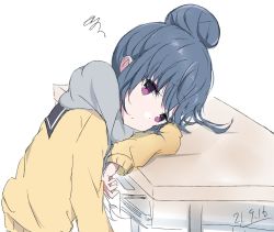 Rule 34 | 1girl, annoyed, arm at side, arm support, blue hair, bored, closed mouth, commentary request, core (mayomayo), dated, hair bun, long hair, looking at viewer, purple eyes, sailor collar, scarf, school uniform, shima rin, single hair bun, sitting, solo, sweater, table, white background, yellow sweater, yurucamp