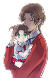 Rule 34 | 1boy, 1girl, age difference, baby, brown hair, closed eyes, facial hair, fate/zero, fate (series), father and daughter, formal, goatee, green eyes, jonohara, side ponytail, suit, tohsaka rin, tohsaka tokiomi, aged down