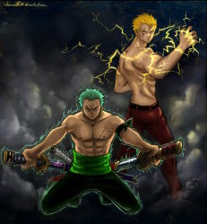Rule 34 | 2boys, abs, artist name, aura, blonde hair, crossover, deviantart username, dual wielding, earrings, electricity, fairy tail, fighting stance, green hair, highres, holding, jeannette11, jewelry, katana, laxus dreyar, male focus, multiple boys, one piece, roronoa zoro, scar, sheath, sheathed, sheathing, topless male, short hair, sword, unsheathing, watermark, weapon, web address