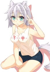 Rule 34 | 1girl, :3, alternate costume, animal ears, aqua eyes, ashu, bare arms, bike shorts, breasts, chemise, clothes writing, collarbone, commentary request, inubashiri momiji, large breasts, mole, silver hair, sitting, solo, tail, tank top, touhou, v, wolf ears, wolf tail