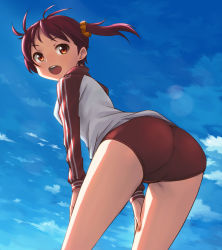 Rule 34 | 1girl, :d, antenna hair, ass, bent over, brown eyes, buruma, cloud, day, from behind, gym uniform, hands on thighs, hashi, isshiki akane, jacket, looking back, open mouth, red hair, scrunchie, short hair, sky, smile, solo, teeth, thighs, tongue, track jacket, twintails, vividred operation