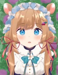 Rule 34 | 1girl, animal ears, blue eyes, blush, bow, brown hair, eli conifer, flower, from above, hair ornament, hair ribbon, hairclip, hat, highres, long hair, looking at viewer, mamimume-mo, nijisanji, outdoors, ribbon, solo, twintails, upper body, virtual youtuber