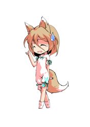 Rule 34 | 1girl, animal ears, blonde hair, bow, breasts, chibi, closed eyes, crying, dairi, fox ears, fox tail, full body, green bow, hair between eyes, hand up, jumpsuit, kudamaki tsukasa, open mouth, short hair, short sleeves, simple background, small breasts, socks, solo, standing, tachi-e, tail, tears, test tube, touhou, transparent background, white background, white jumpsuit, white sleeves, white socks
