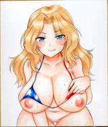 Rule 34 | 1girl, airi (akamichiaika), american flag bikini, american flag print, bikini, bikini top lift, blonde hair, blue eyes, blush, bottomless, breasts, closed mouth, clothes lift, collarbone, flag print, girls und panzer, highres, kay (girls und panzer), large breasts, lifting own clothes, long hair, looking at viewer, micro bikini, navel, nipples, print bikini, pussy, shiny skin, simple background, smile, solo, sweat, swimsuit, tongue, tongue out, white background