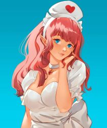 1girl blue_background blue_eyes cesar_art456 choker closed_mouth dress elf hat highres long_hair nurse nurse_cap original pink_hair pointy_ears puffy_short_sleeves puffy_sleeves short_sleeves simple_background white_dress