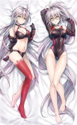 Rule 34 | 1girl, absurdly long hair, barefoot, bespectacled, bikini, black bikini, black choker, black gloves, black jacket, black one-piece swimsuit, breasts, choker, cleavage, commentary request, competition swimsuit, cropped jacket, fate/grand order, fate (series), feet, full body, glasses, gloves, gluteal fold, highres, jacket, jeanne d&#039;arc alter (swimsuit berserker) (fate), jeanne d&#039;arc (fate), jeanne d&#039;arc (swimsuit archer) (second ascension) (fate), jeanne d&#039;arc alter (fate), jeanne d&#039;arc alter (swimsuit berserker) (fate), koyuki (kotatsu358), long hair, looking at viewer, medium breasts, multiple views, o-ring, o-ring bikini, o-ring bottom, o-ring top, one-piece swimsuit, red thighhighs, shrug (clothing), silver hair, single thighhigh, swimsuit, thigh gap, thighhighs, toes, very long hair, whistle, whistle around neck, yellow eyes