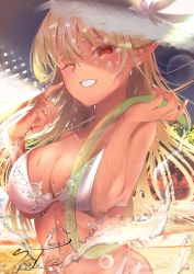 Rule 34 | 1girl, ;), absurdres, bikini, blonde hair, breasts, commentary request, dark-skinned female, dark skin, dated, grin, hair between eyes, halterneck, hands up, hat, highres, holding, holding hose, hololive, hose, large breasts, long hair, looking at viewer, o-ring, o-ring bikini, one eye closed, pointy ears, red eyes, shiranui flare, signature, smile, solo, straw hat, sun hat, swimsuit, upper body, urotare, virtual youtuber, water, white bikini