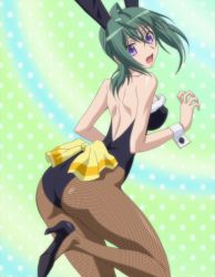 Rule 34 | 00s, 1girl, absurdres, animal ears, ass, back, bare shoulders, bent over, breasts, fake animal ears, female focus, fishnet pantyhose, fishnets, fur, green hair, highres, kannagi itsuki, legs, leotard, looking at viewer, looking back, open mouth, pantyhose, playboy bunny, polka dot, polka dot background, purple eyes, rabbit ears, ribbon, screencap, shoes, short hair, shy, solo, sora wo kakeru shoujo, stitched, surprised, third-party edit, wrist cuffs
