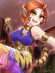 Rule 34 | 1girl, animal ears, bandages, boots, bottomless, breath of fire, breath of fire ii, bustier, capcom, cat ears, cat girl, facial mark, fangs, highres, orange hair, rinpoo chuan, short hair, slit pupils, smile, staff, tail, tiger tail, yellow eyes