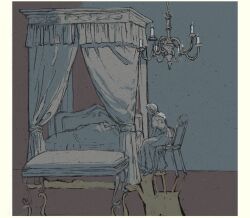 Rule 34 | 1girl, 1other, apron, bed, canopy bed, chandelier, commentary, curtains, dress, english commentary, indoors, kgeroua, limited palette, maid, maid apron, maid headdress, on bed, on chair, original, sitting, under covers