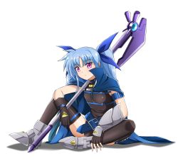 Rule 34 | 1girl, arm belt, armored boots, asymmetrical gloves, belt bra, black gloves, black leotard, black thighhighs, blue cape, blue hair, boots, cape, closed mouth, fingerless gloves, full body, gloves, hair between eyes, halberd, highres, holding, holding weapon, leotard, long hair, lyrical nanoha, mahou shoujo lyrical nanoha, mahou shoujo lyrical nanoha a&#039;s, mahou shoujo lyrical nanoha a&#039;s portable: the battle of aces, levi the slasher, oshimaru026, polearm, red eyes, shiny clothes, shiny legwear, simple background, sitting, solo, thighhighs, twintails, uneven gloves, very long hair, vulnificus, weapon, white background