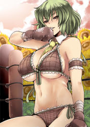 Rule 34 | 1girl, ascot, between breasts, bikini, boxing gloves, breasts, flower, front-tie top, green hair, grin, highres, kazami yuuka, large breasts, plaid, red eyes, short hair, side-tie bikini bottom, smile, solo, sunflower, swimsuit, tobisawa, touhou, wrestling ring
