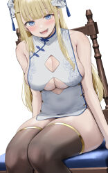 Rule 34 | 1girl, :d, bare shoulders, blonde hair, blue eyes, blunt bangs, blush, breasts, brown thighhighs, bun cover, chair, china dress, china dress girl (oekakizuki), chinese clothes, cleavage, cleavage cutout, clothing cutout, commentary, double bun, dress, hair bun, hair ornament, highres, large breasts, long hair, oekakizuki, open mouth, original, sideboob, sidelocks, simple background, sitting, smile, solo, teeth, thick thighs, thighhighs, thighs, underboob cutout, white background, white dress