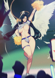 Rule 34 | 1girl, absurdres, angel, angel wings, areola slip, arm up, artist name, asymmetrical bangs, azazel (last origin), black hair, blue hair, blurry, blurry background, blurry foreground, bouncing breasts, breasts, cellphone, chain-link fence, cheering, cheerleader, clenched hand, clenched teeth, contrapposto, crop top, crowd, dark blue hair, feathered wings, fence, forehead, glowstick, grin, hair over one eye, half-closed eye, halo, hand on own hip, highres, hnimina, holding, holding phone, large breasts, last origin, leg up, light particles, long hair, looking at viewer, low twintails, motion blur, navel, one eye closed, panties, phone, pom pom (cheerleading), pom pom (clothes), purple eyes, revealing clothes, shirt, short sleeves, silhouette, skindentation, smile, solo focus, standing, standing on one leg, striped clothes, striped panties, striped shirt, tall female, teeth, thigh gap, thigh strap, thighs, twintails, unaligned breasts, underboob, underwear, vertical-striped clothes, vertical-striped panties, vertical-striped shirt, very long hair, white footwear, white shirt, white wings, wings