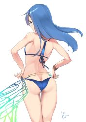 Rule 34 | 1girl, ass, blue hair, butt crack, green eyes, hands on own hips, highres, izupix, jewelry, kneepits, long hair, looking back, maria traydor, simple background, solo, star ocean, star ocean anamnesis, star ocean till the end of time, swimsuit, white background