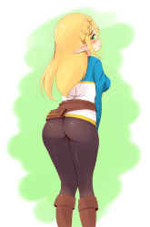Rule 34 | 1girl, absurdres, ass, ayatori, blonde hair, blue shirt, blush, boots, breasts, embarrassed, from behind, green eyes, highres, huge ass, long hair, looking at viewer, looking back, medium breasts, nintendo, pants, pointy ears, princess zelda, shiny clothes, shirt, sideboob, solo, standing, sweatdrop, the legend of zelda, the legend of zelda: breath of the wild, tight clothes, tight pants, wide hips