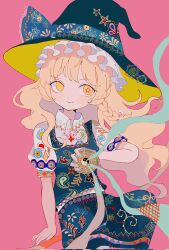 Rule 34 | 1girl, black skirt, black vest, blonde hair, blue bow, bow, braid, closed mouth, collared shirt, comkdom, diamond (shape), dot nose, floral print, frilled hat, frills, hat, hat bow, highres, holding, kirisame marisa, light smile, long hair, looking at viewer, nazar (amulet), pink background, puffy short sleeves, puffy sleeves, shirt, short sleeves, side braid, single braid, skirt, smoke trail, solo, star-shaped pupils, star (symbol), symbol-shaped pupils, touhou, vest, white shirt, witch hat, yellow eyes, yin yang