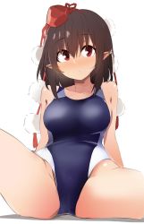 Rule 34 | 1girl, bare arms, bare shoulders, blue one-piece swimsuit, breasts, brown hair, cameltoe, collarbone, cowboy shot, hair between eyes, hat, kamukamu (ars), large breasts, looking at viewer, one-piece swimsuit, pointy ears, pom pom (clothes), red eyes, shadow, shameimaru aya, short hair, simple background, sitting, solo, spread legs, swimsuit, tassel, thighs, tokin hat, touhou, white background