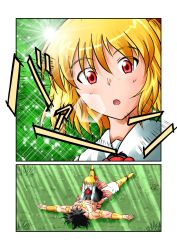 Rule 34 | 1boy, 1girl, black hair, blonde hair, blush, bracelet, broly (dragon ball z), crossover, dragon ball, dragon ball z, dragonball z, dress, highres, jewelry, long sleeves, muscular, necklace, ohoho, open mouth, red eyes, rumia, short hair, touhou