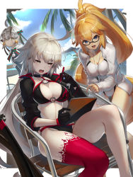 Rule 34 | 3girls, ahoge, bell, bikini, black-framed eyewear, black bikini, black choker, black gloves, black jacket, blonde hair, blue eyes, blue sky, blush, bow, breasts, brown eyes, capelet, chair, choker, cleavage, cloud, collarbone, commentary request, competition swimsuit, cropped jacket, day, dolphin, elbow gloves, fate/grand order, fate (series), fur-trimmed capelet, fur trim, glasses, gloves, green bow, green ribbon, grey hair, hair between eyes, hair bow, headpiece, high ponytail, highleg, highleg swimsuit, highres, holding, holding pencil, horizon, jacket, jeanne d&#039;arc (fate), jeanne d&#039;arc (ruler) (fate), jeanne d&#039;arc (swimsuit archer) (fate), jeanne d&#039;arc (swimsuit archer) (second ascension) (fate), jeanne d&#039;arc alter (fate), jeanne d&#039;arc alter (swimsuit berserker) (fate), jeanne d&#039;arc alter santa lily (fate), jeanne d&#039;arc alter santa lily (summer little) (fate), knee up, large breasts, leaning forward, long hair, long sleeves, multiple girls, navel, o-ring, o-ring bikini, o-ring bottom, o-ring top, ocean, on chair, one-piece swimsuit, open clothes, open jacket, open mouth, outdoors, palm tree, paper, pencil, pointing, ponytail, red legwear, ribbon, scottie (phantom2), shrug (clothing), single thighhigh, sitting, sky, sleeves past wrists, striped bow, striped ribbon, swimsuit, table, thigh strap, thighhighs, tree, v-shaped eyebrows, very long hair, water, whistle, whistle around neck, white capelet, white jacket, white one-piece swimsuit, wide sleeves, yellow eyes