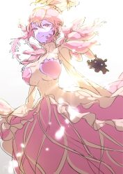 Rule 34 | 1girl, aculeatus, alternate form, breasts, brother and sister, closed mouth, colored skin, cowboy shot, frills, glint, hair between eyes, highres, houseki no kuni, jewelry cats, large breasts, lens flare, looking at viewer, multi-tied hair, pink hair, pink skin, pink theme, sad, siblings, simple background, slug, smile, solo focus, sunlight, tentacle hair, ventricosus, white background