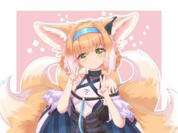 Rule 34 | 1girl, animal ears, arknights, bad id, bad pixiv id, bare shoulders, blouse, blue hairband, blush, braid, braided hair rings, chrocatz, closed mouth, double v, floral background, fox ears, fox girl, fox tail, green eyes, hair rings, hairband, hands up, head tilt, highres, infection monitor (arknights), kitsune, looking at viewer, material growth, oripathy lesion (arknights), outline, pink background, shirt, smile, solo, suzuran (arknights), tail, twin braids, two-tone background, v, white background, white outline, white shirt