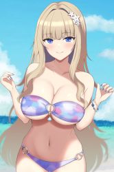 Rule 34 | 1girl, bare arms, bare shoulders, bikini, blue eyes, blue nails, blue sky, blush, bracelet, breasts, cleavage, closed mouth, cloud, collarbone, commentary request, cowboy shot, day, dolphin wave, hair intakes, hair ornament, hands up, highres, jewelry, kirahoshi kanna, large breasts, light brown hair, long hair, looking at viewer, nail polish, navel, o-ring, o-ring bikini, o-ring bottom, o-ring top, ocean, outdoors, purple bikini, sidelocks, sky, smile, solo, standing, star (symbol), star hair ornament, stomach, strapless, strapless bikini, surippa1010, swimsuit, underboob, very long hair, w arms