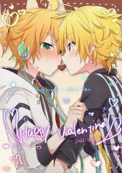 Rule 34 | 2boys, aqua eyes, black shirt, blonde hair, blush, cable, candy, chocolate, chocolate heart, coat, commentary, dated, dual persona, food, forehead-to-forehead, green eyes, happy valentine, headphones, heads together, heart, holding another&#039;s arm, holy lancer (module), hood, hooded coat, kagamine len, looking at another, male focus, multiple boys, necktie, project diva (series), selfcest, sharing food, shirt, short ponytail, spiked hair, squinting, striped clothes, striped shirt, sudachi (calendar), upper body, vertical-striped clothes, vertical-striped shirt, vocaloid, white coat, white edge (module), yaoi