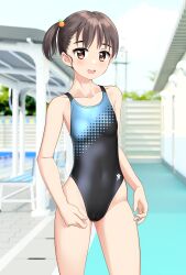 Rule 34 | 1girl, absurdres, black hair, black one-piece swimsuit, brown eyes, collarbone, commentary request, competition swimsuit, contrapposto, covered navel, highleg, highleg swimsuit, highres, indoors, one-piece swimsuit, open mouth, original, poolside, round teeth, school swimsuit, screentones, short hair, side ponytail, solo, stairs, standing, swimsuit, takafumi, teeth, two-tone swimsuit, upper teeth only, variant set