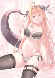 Rule 34 | 1girl, ahoge, bare shoulders, black thighhighs, blonde hair, bow, bra, braid, breasts, brooch, cleavage, collarbone, commentary, dragon girl, dragon horns, dragon tail, fang, frilled bra, frills, garter straps, harada haruki, highres, hololive, horn bow, horn ornament, horns, jewelry, kiryu coco, large breasts, long hair, looking at viewer, navel, open mouth, orange eyes, orange hair, panties, sitting, solo, tail, thigh strap, thighhighs, underwear, underwear only, virtual youtuber
