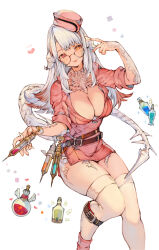Rule 34 | 1girl, asymmetrical bangs, au ra, belt, breasts, brown hair, cleavage, colored tips, commentary, commission, dragon girl, dragon horns, dragon tail, feet out of frame, final fantasy, final fantasy xiv, flask, glass bottle, glasses, hat, heart, heterochromia, highres, holding, holding syringe, horns, kemomin nosuke, large breasts, long hair, looking at viewer, multicolored hair, nurse, nurse cap, pink hat, red eyes, round-bottom flask, solo, syringe, tail, thighhighs, tongue, tongue out, two-tone hair, v, vial, warrior of light (ff14), white hair, white scales, white thighhighs, yellow eyes
