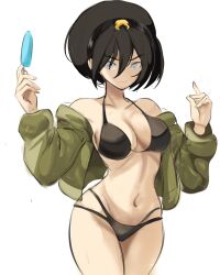 Rule 34 | 1girl, aged up, avatar: the last airbender, avatar legends, bare shoulders, bikini, black bikini, black hair, bomber jacket, breasts, commentary, cowboy shot, emblem, english commentary, food, green jacket, grey eyes, hair between eyes, hairband, hands up, highres, holding, holding food, holding popsicle, jacket, long sleeves, medium breasts, navel, nickelodeon, off shoulder, popsicle, rakeemspoon, revision, short hair, simple background, solo, swimsuit, toph bei fong, underwear, v-shaped eyebrows, white background