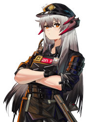 Rule 34 | 1girl, absurdres, arknights, artist name, black gloves, black hair, black hat, black jacket, black pants, black shirt, bulletproof vest, chinese commentary, closed mouth, collared shirt, crossed arms, dragon horns, gloves, gradient hair, hair between eyes, hat, highres, horns, jacket, long hair, looking at viewer, military, military uniform, multicolored hair, official alternate costume, orange eyes, pants, peaked cap, saria (arknights), saria (the law) (arknights), shirt, signature, simple background, solo, straight hair, strap, tsumiki (12756023), tsurime, two-tone hair, uniform, upper body, walkie-talkie, white background, wing collar
