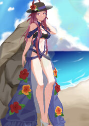 Rule 34 | 1girl, absurdres, bare shoulders, beach, black hat, blue one-piece swimsuit, breasts, casual one-piece swimsuit, cleavage, clothing cutout, dress swimsuit, female focus, fire emblem, fire emblem engage, fire emblem heroes, flower, flower hat, hanzoku, hat, highres, ivy (fire emblem), ivy (summer) (fire emblem), large breasts, legs, long hair, long legs, looking at viewer, matching hair/eyes, mole, mole under mouth, navel, nintendo, ocean, official alternate costume, one-piece swimsuit, purple eyes, purple hair, sandals, see-through, see-through headwear, smile, solo, stomach, stomach cutout, swimsuit, toeless footwear, toes