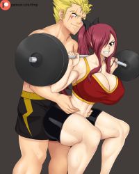 Rule 34 | 1boy, 1girl, artist name, black bow, blonde hair, bow, breasts, cleavage, erza scarlet, exercising, fairy tail, huge breasts, laxus dreyar, long hair, ponytail, red hair, scar, shorts, smile, sports bra, squatting, sweat, thick thighs, thighs, ttrop, waist grab, weightlifting